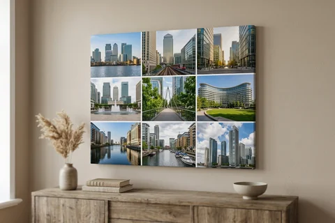 canvas collage print canary wharf – a collage canvas of nine small Docklands scenes in a nine-photo grid hung above a sideboard