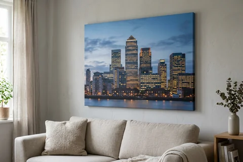 canvas print canary wharf – a gallery-wrapped canvas print of One Canada Square at dusk hung above a sofa