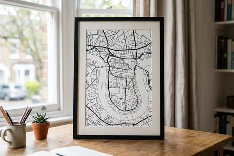 canary wharf city map poster – a framed minimalist black-and-white street map poster of the estate at street level on a desk