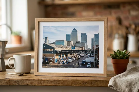 framed photo board canary wharf – a slim-framed photo board of Billingsgate Market standing on a kitchen shelf