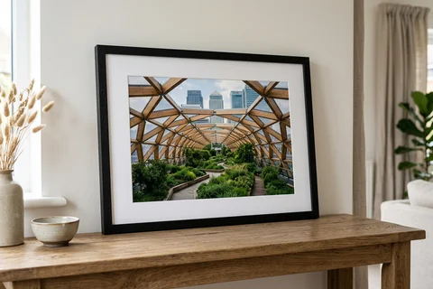 framed photo print canary wharf – a framed print of Crossrail Place roof garden with a white mount and black frame standing on a console table