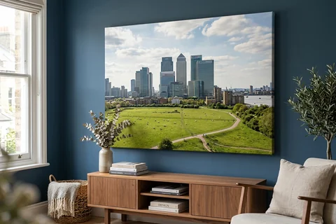 large canvas print canary wharf – a very large canvas of Mudchute Park looking towards the towers dominating a living room wall