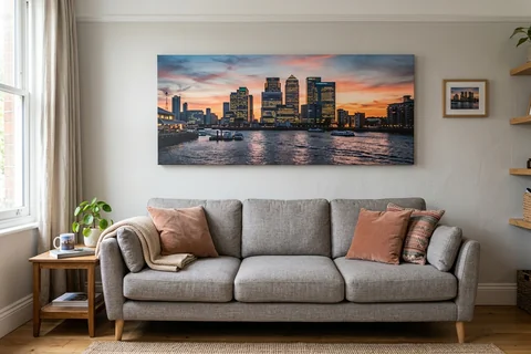 panoramic canvas print canary wharf – a wide panoramic canvas of the Thames from Canary Wharf pier at sunset hung above a long sofa