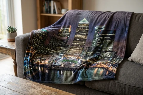 photo blanket canary wharf – a plush blanket printed edge to edge with Canada Square at night draped over a sofa