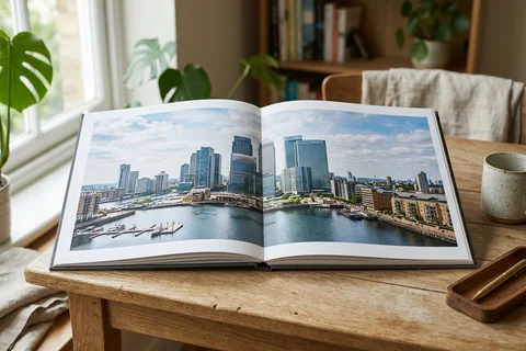 photo book canary wharf – an open layflat photo book showing a panorama of the Docklands towers across the double-page spread