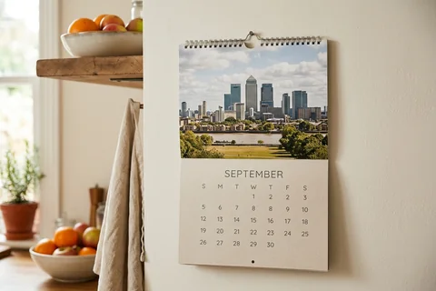 photo calendar canary wharf – a spiral-bound wall calendar open on a month showing Greenwich Park from the Isle of Dogs, hanging in a kitchen