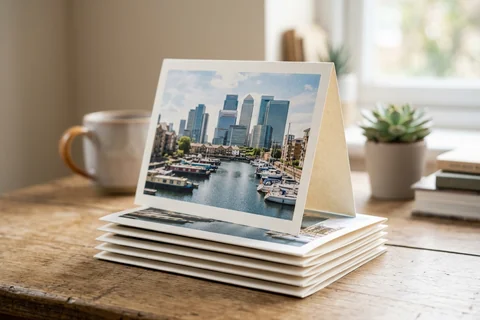 photo cards canary wharf – a stack of folded greetings cards with a photograph of Limehouse Basin on the front, one propped open