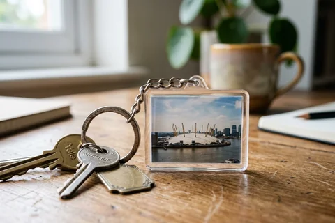photo keyring canary wharf – a rectangular photo keyring showing the O2 across the river beside a set of keys