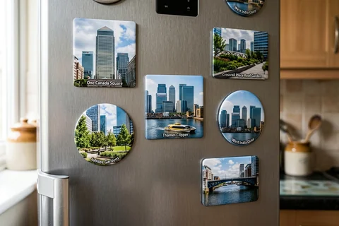 mixmags photo magnets canary wharf – several photo magnets of Canary Wharf landmarks in different shapes on a fridge door