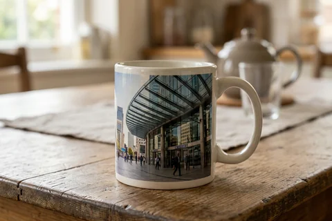photo mug canary wharf – a ceramic mug with a wrap-around print of the Jubilee Line station canopy on a kitchen table