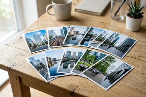photo prints canary wharf – a loose fan of 10×15 cm photo prints of Canary Wharf street scenes on a pale wooden table