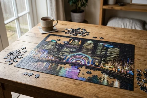 photo puzzle canary wharf – a partly completed jigsaw puzzle of Canary Wharf Winter Lights on a wooden table