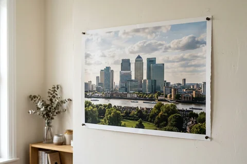 poster print canary wharf – an unframed poster print of the Docklands skyline from Greenwich pinned to a pale wall