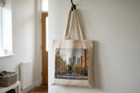 photo tote bag canary wharf – a cloth tote bag printed with a photograph of Poplar high street hanging on a hallway hook