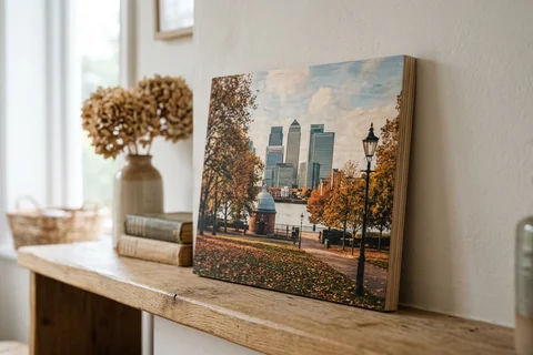 photo print on wood canary wharf – a wood print of Island Gardens in autumn with the grain visible through the image, leaning on a shelf