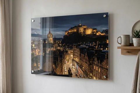 acrylic photo print edinburgh – a glossy acrylic print of the Old Town skyline at night mounted off a pale wall