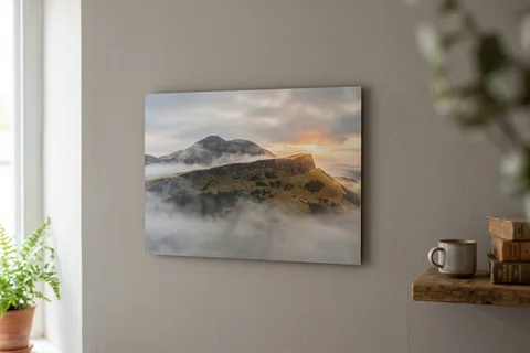 aluminium photo print edinburgh – a matte aluminium panel print of Arthur's Seat in morning mist mounted flush on a grey wall
