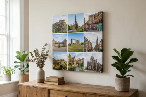 canvas collage print edinburgh – a collage canvas of nine small Edinburgh scenes in a nine-photo grid hung above a sideboard