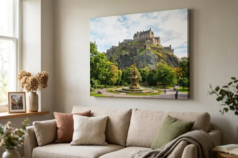 canvas print edinburgh – a gallery-wrapped canvas print of Edinburgh Castle from Princes Street Gardens hung above a sofa