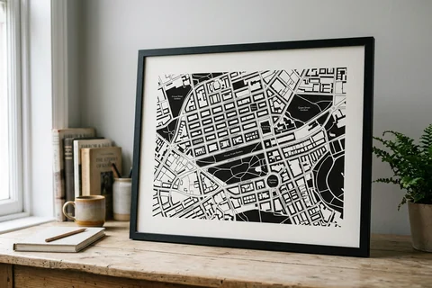 edinburgh city map poster – a framed minimalist black-and-white street map poster of the New Town on a desk