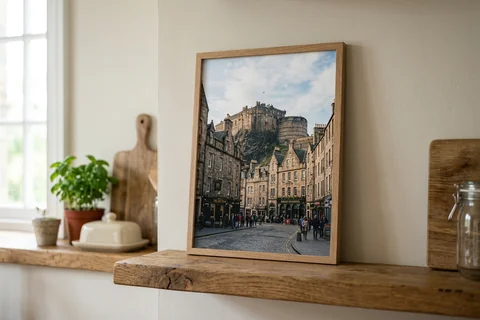 framed photo board edinburgh – a slim-framed photo board of the Grassmarket standing on a kitchen shelf