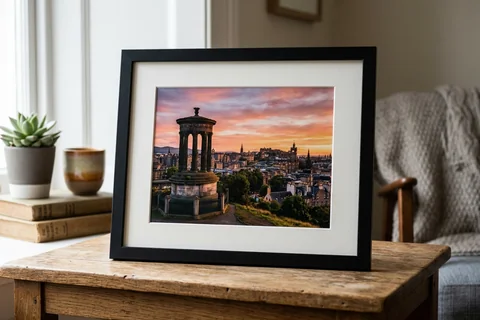 framed photo print edinburgh – a framed print of Calton Hill at sunset with a white mount and black frame standing on a console table