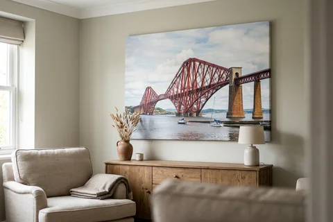 large canvas print edinburgh – a very large canvas of the Forth Bridge from South Queensferry dominating a living room wall