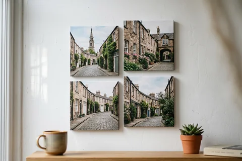 mixpix photo tiles edinburgh – four 20×20 cm photo tiles of Circus Lane in Stockbridge arranged in a cluster on a white wall with no visible fixings