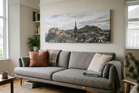 panoramic canvas print edinburgh – a wide panoramic canvas of the city from Salisbury Crags hung above a long sofa