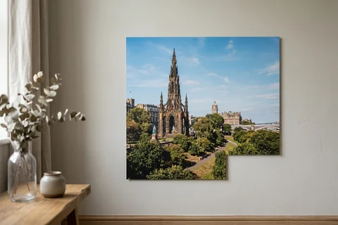 photo board print edinburgh – a frameless matte photo board of the Scott Monument hanging flush on a pale wall