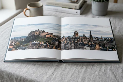 photo book edinburgh – an open layflat photo book showing a panorama of the Old Town skyline across the double-page spread