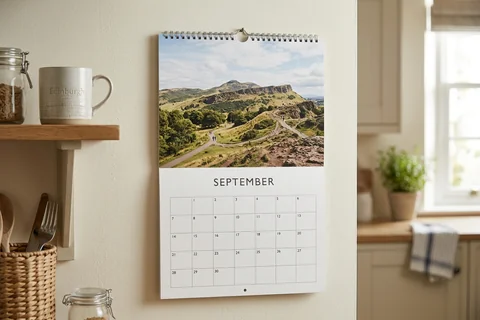photo calendar edinburgh – a spiral-bound wall calendar open on a month showing Holyrood Park, hanging in a kitchen