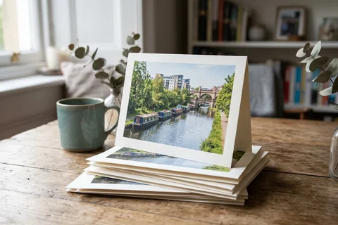 photo cards edinburgh – a stack of folded greetings cards with a photograph of the Union Canal on the front, one propped open