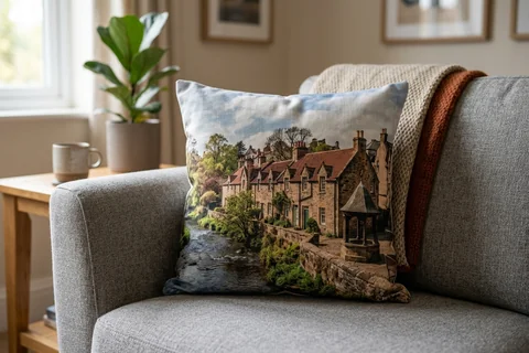photo cushion edinburgh – a plush square cushion printed borderless with a Dean Village cottage on a grey sofa