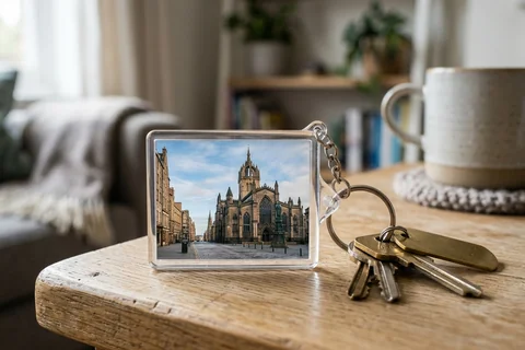 photo keyring edinburgh – a rectangular photo keyring showing St Giles' Cathedral beside a set of keys