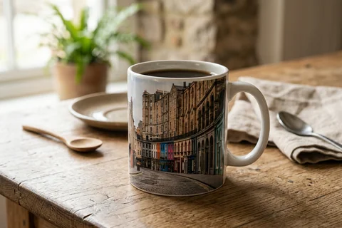 photo mug edinburgh – a ceramic mug with a wrap-around print of Victoria Street's curved shopfronts on a kitchen table