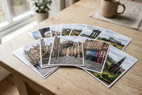 photo prints edinburgh – a loose fan of 10×15 cm photo prints of Edinburgh street scenes on a pale wooden table