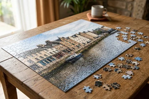 photo puzzle edinburgh – a partly completed jigsaw puzzle of Leith Shore on a wooden table