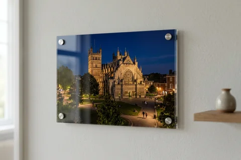 acrylic photo print exeter – a glossy acrylic print of the Cathedral Green at night mounted off a pale wall
