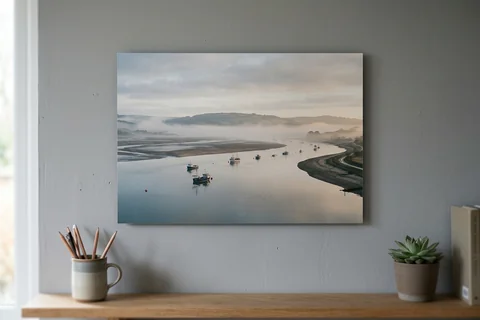 aluminium photo print exeter – a matte aluminium panel print of the Exe estuary in morning mist mounted flush on a grey wall