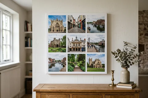 canvas collage print exeter – a collage canvas of nine small Exeter scenes in a nine-photo grid hung above a sideboard