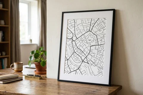 exeter city map poster – a framed minimalist black-and-white street map poster of the city centre on a desk