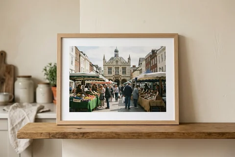 framed photo board exeter – a slim-framed photo board of Exeter Farmers' Market standing on a kitchen shelf