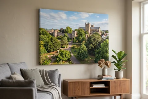 large canvas print exeter – a very large canvas of Northernhay Gardens looking towards the castle dominating a living room wall