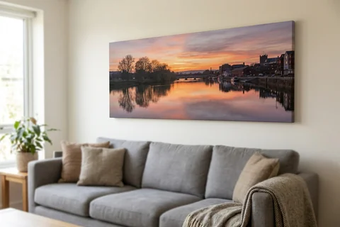panoramic canvas print exeter – a wide panoramic canvas of the Exe at sunset hung above a long sofa