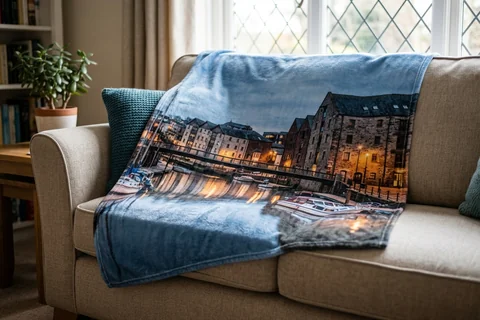 photo blanket exeter – a plush blanket printed edge to edge with the Quay at night draped over a sofa