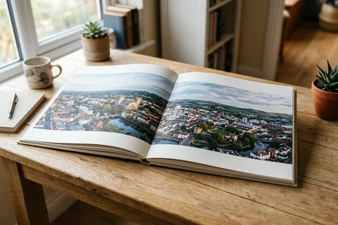 photo book exeter – an open layflat photo book showing a panorama of the city from Haldon Hill across the double-page spread