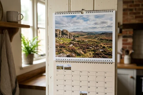 photo calendar exeter – a spiral-bound wall calendar open on a month showing Dartmoor from Haytor, hanging in a kitchen