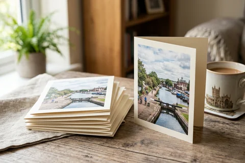 photo cards exeter – a stack of folded greetings cards with a photograph of the Exeter Ship Canal on the front, one propped open