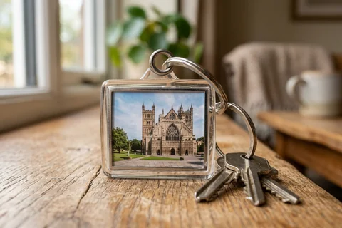 photo keyring exeter – a rectangular photo keyring showing Exeter Cathedral's towers beside a set of keys